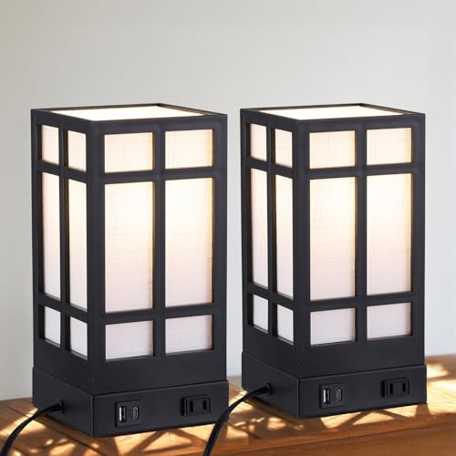 2 Pack USB Bedside Table Lamps with Outlets