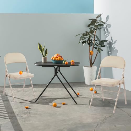 Sweetcrispy Folding Chair 2 Pack, Leather Padded Folding Chairs, Sturdy Metal Foldable Chairs, Easy to Use and Store, Outdoor and Indoor, for Home, Office, Party, Comfy, Kahki