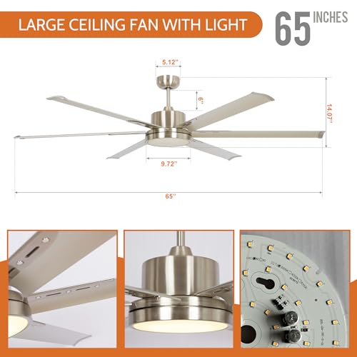 Ceiling Fans with Lights 65" Ceiling Fan with Remote Large Ceiling Fan for Shop Garage Porch Indoor Outdoor, DC Motor Reverse Airflow Fan Living Room, LED Light with Fan, DOE Tested, Brushed Nickel