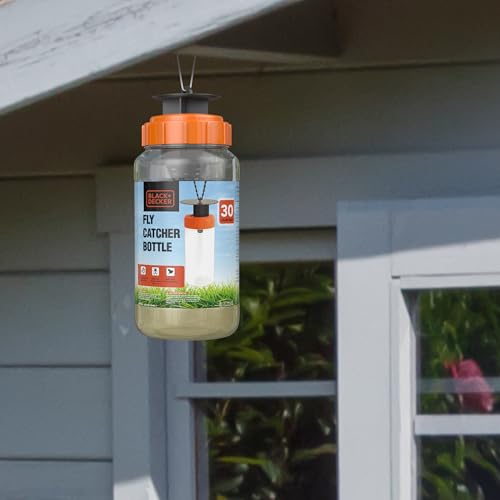 BLACK+DECKER Fly Trap & Fly Catcher Bottle- Outdoor Reusable Hanging Fly Trap with Natural Non-Toxic Bait Add Water to Catch House & Horse Flies in Garden, Backyard & Barn 30-Gram Trap