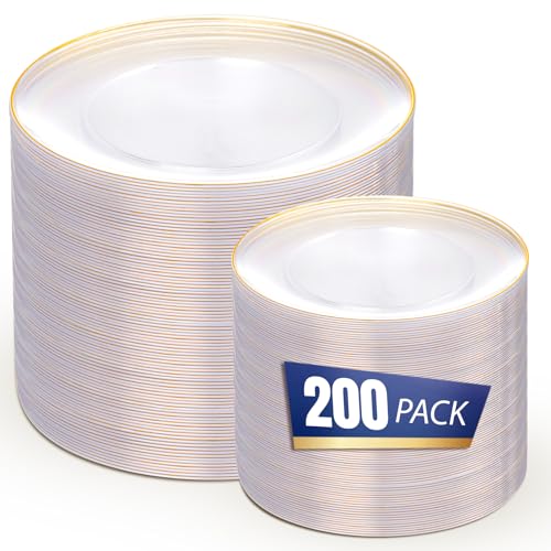 200 Count Gold Rim Plastic Dinner and Dessert Plates