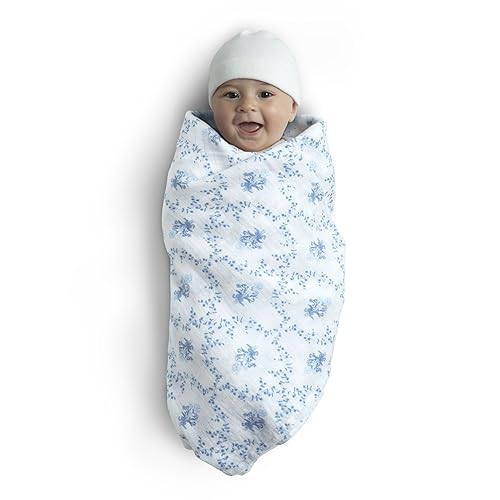 Delta Children 100% Cotton Muslin Baby Receiving Blankets for Girls and Boys – 47x47 Inches (Pack of 4), Blue Botanicals
