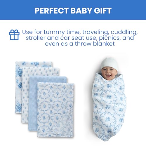 Delta Children 100% Cotton Muslin Baby Receiving Blankets for Girls and Boys – 47x47 Inches (Pack of 4), Blue Botanicals