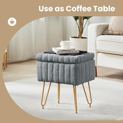 DUMOS Modern Faux Fur Vanity Stool with Storage