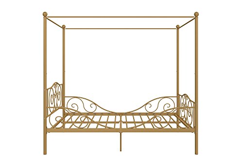 DHP Metal Canopy Kids Platform Bed with Four Poster Design, Scrollwork Headboard and Footboard, Underbed Storage Space, No Box Sring Needed, Full, Gold