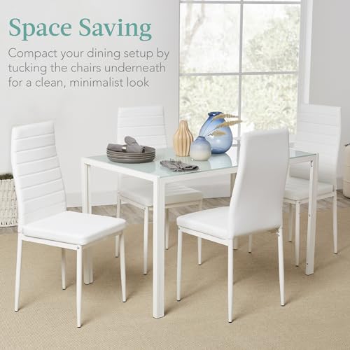 Best Choice Products 5-Piece Glass Dining Set, Modern Kitchen Table Furniture for Dining Room, Dinette, Compact Space-Saving w/Glass Tabletop, 4 Upholstered PU Chairs, Metal Steel Frame - White