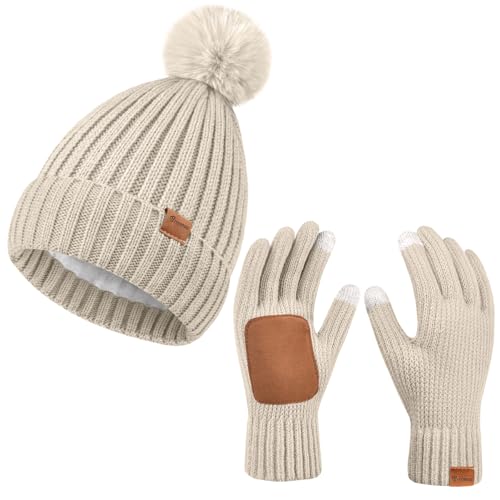 Knit Beanie Hat and Touchscreen Gloves Set