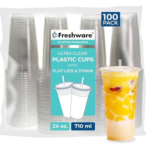 100 Pack Freshware 24 oz Plastic Cups with Lids