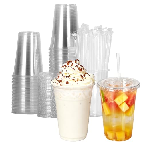 100 Pack 16 oz Disposable Plastic Cups with Lids