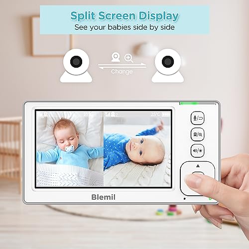 Blemil Baby Monitors, 4.3'' IPS Split-Screen Monitor with 29-Hour Battery, Pan-Tilt-Zoom Video Baby Monitor with 2 Cameras and Audio, No WiFi, 2X Zoom