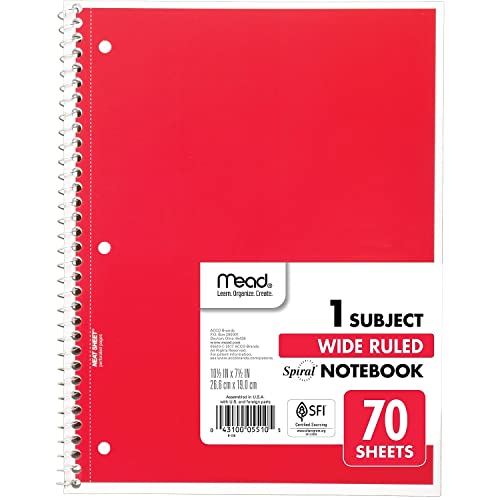 Mead Spiral Notebook, 1 Subject, Wide Ruled Paper, 70 Sheets, 10-1/2" x 7-1/2", Assorted Color (05510)