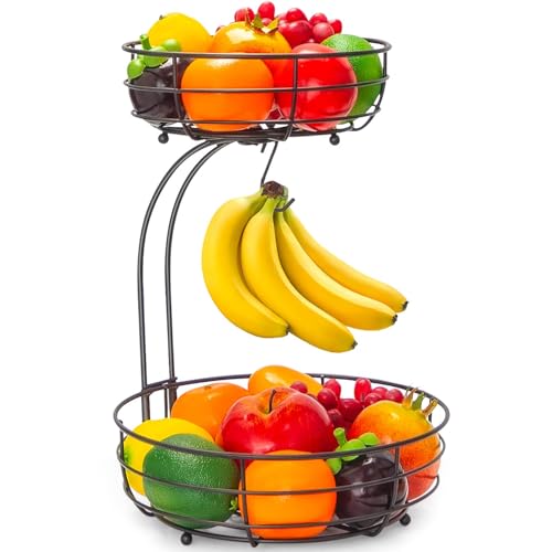 AULEDIO 2-Tier Countertop Fruit Basket with Banana Hanger