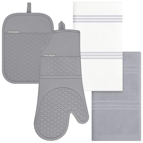 HULOSAN Oven Mitt and Pot Holders Set, Heat Resistant Cotton Terry Cloth