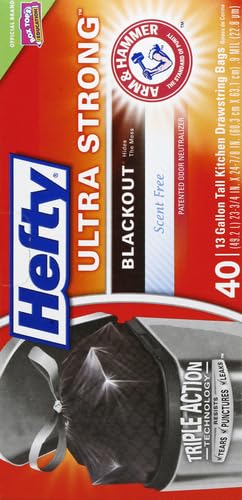 Hefty Ultra Strong Tall Kitchen Trash Bags, Blackout, Unscented, 13 Gallon, 40 Count