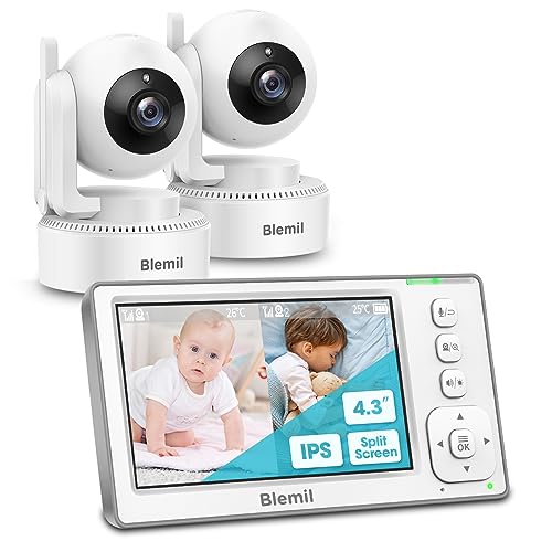 Blemil Baby Monitors, 4.3'' IPS Split-Screen Monitor with 29-Hour Battery, Pan-Tilt-Zoom Video Baby Monitor with 2 Cameras and Audio, No WiFi, 2X Zoom