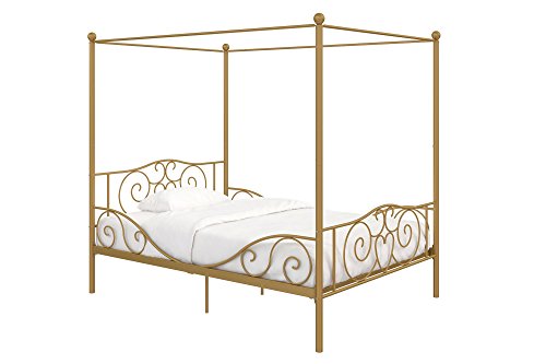 DHP Metal Canopy Kids Platform Bed with Four Poster Design, Scrollwork Headboard and Footboard, Underbed Storage Space, No Box Sring Needed, Full, Gold