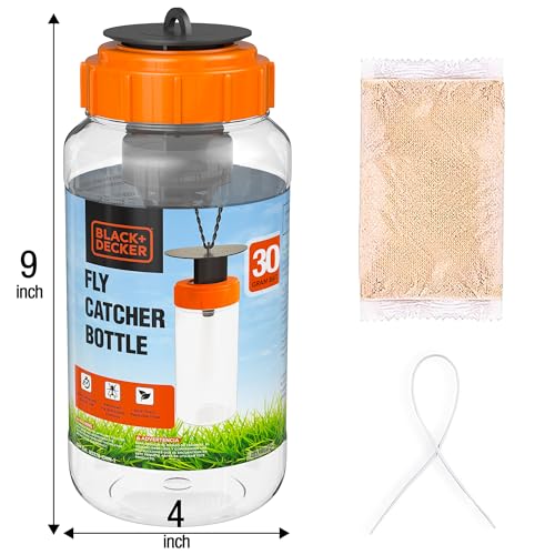 BLACK+DECKER Fly Trap & Fly Catcher Bottle- Outdoor Reusable Hanging Fly Trap with Natural Non-Toxic Bait Add Water to Catch House & Horse Flies in Garden, Backyard & Barn 30-Gram Trap