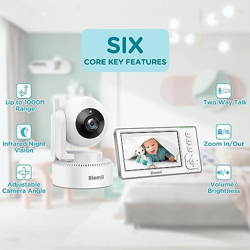 Blemil Baby Monitors, 4.3'' IPS Split-Screen Monitor with 29-Hour Battery, Pan-Tilt-Zoom Video Baby Monitor with 2 Cameras and Audio, No WiFi, 2X Zoom