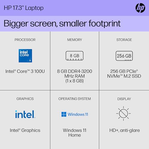 HP 17.3 inch Laptop, HD+ Display, Intel Core 3 100U, 8 GB RAM, 256 GB SSD, Intel Graphics, Windows 11 Home, 17-cn4010nr (2024)