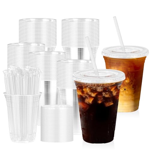100 Pack 16 oz Plastic Cups with Lids and Straws