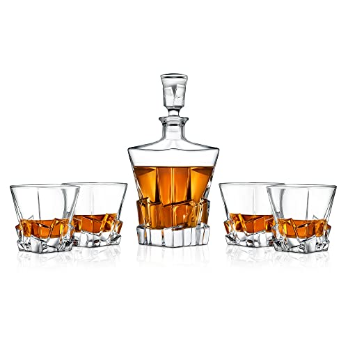 Whiskey Decanter Set with 4 Glasses, Crystal Glass