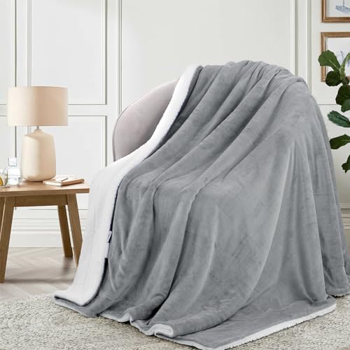 Aisbo Warm Throw Blanket Single - Extra Thick Sherpa Flannel Reversible Blanket Grey for Single Size Bed, Super Soft Plush Winter Blanket for Sofa and Couch, Fluffy Blanket 50x60 Inches