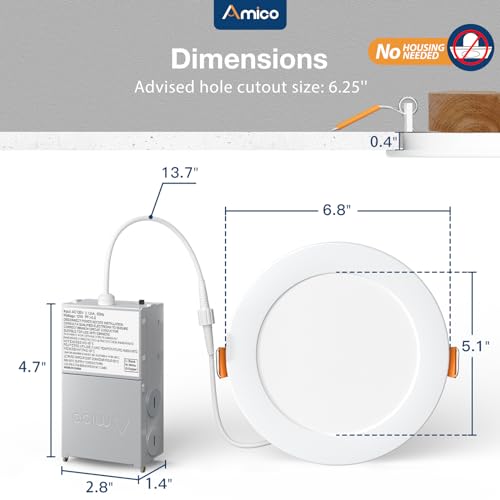 Amico 24 Pack 6 Inch 5CCT Ultra-Thin LED Recessed Ceiling Light with Junction Box, 1050LM Brightness, Dimmable Canless Wafer Downlight, 12W, ETL&FCC