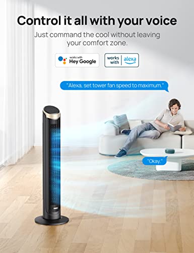 Dreo 40'' WiFi Tower Fan, 26ft/s High-Speed Cooling, Quiet Floor Fan with Remote, 90° Oscillating Fan, 4 Modes, 8H Timer, Touch Control, Standing Cooling Fan for Bedroom, Home, Office Room, Gold