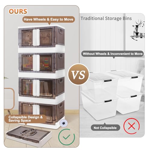 Closet Organizers and Storage 43 QT, Storage Bins with Lids 4 Pack, Stackable Collapsible Storage Bins, Storage Cabinet with Wheels, Plastic Foldabl