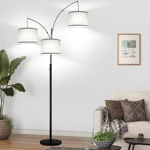 Dimmable Floor Lamp, 3 Lights Arc Floor Lamps for Living Room, Modern Tall Standing Tree Lamp with Gray Linen Shade & Heavy Base, Large Floor Lamp for Bedroom Office, 3x1000 LM LED Bulbs Included