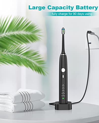 HUACO CARE Sonic Electric Toothbrush,5 Modes 3 Intensities with 2 Minutes Timer,One Charge for 90 Days,Wireless Fast Charge with 4 Replacement Brush Heads for Adults and Kids Black