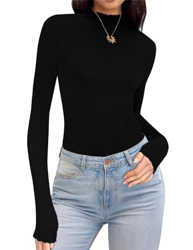 Turtleneck Ruffle Ribbed Long Sleeve Mock Neck Top