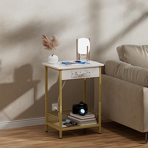 Yenlure Side Table Night Stands End Table with Charging Station Narrow Side Table Living Room Bedroom Small Side Tables for Small Spaces White