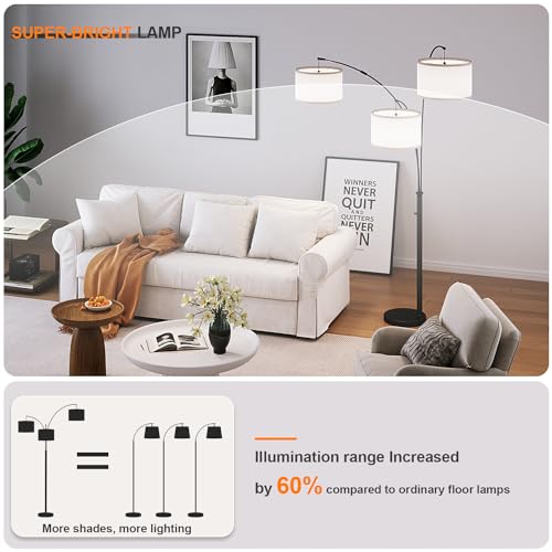 Dimmable Floor Lamp, 3 Lights Arc Floor Lamps for Living Room, Modern Tall Standing Tree Lamp with Gray Linen Shade & Heavy Base, Large Floor Lamp for Bedroom Office, 3x1000 LM LED Bulbs Included