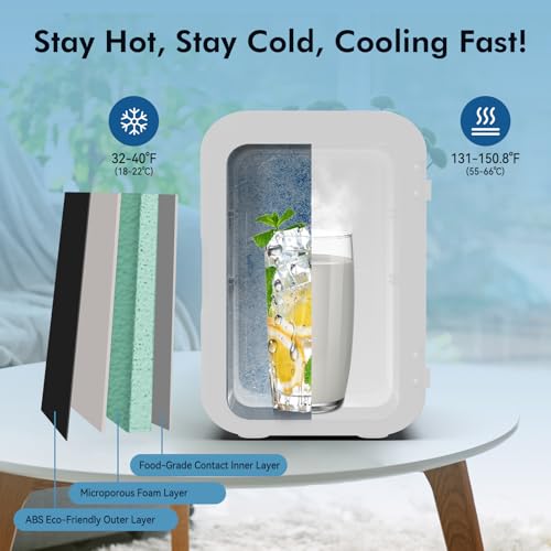 CALEN Mini Fridge with 2 Bottles, 6L/8 Cans Mini Fridge for Bedroom, Skincare Fridge 110V AC/12V DC Small Refrigerator for Food, Beverages, Cosmetics, Portable Mini Refrigerator for Office, Dorm, Car