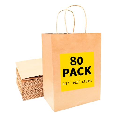 80 Pack Kraft Paper Bags with Handles Bulk