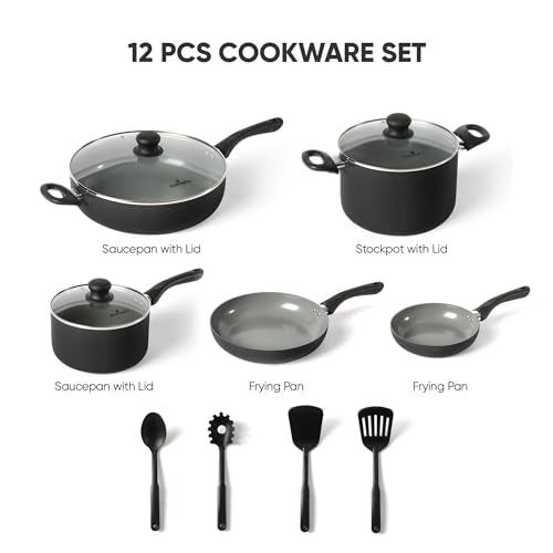 Flamingpan 12 Piece Nonstick Pots and Pans Sets,Kitchen Cookware with Ceramic Coating,Dishwasher Safe,Frying Pan Set with Lid, Induction Pots and Pans with Clearance,Suitable for Any Cooktop(Black)