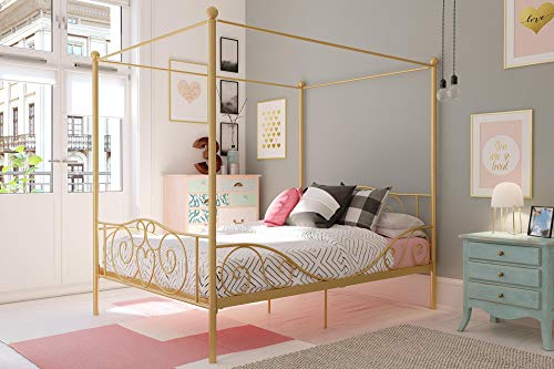 DHP Metal Canopy Kids Platform Bed with Four Poster Design, Scrollwork Headboard and Footboard, Underbed Storage Space, No Box Sring Needed, Full, Gold