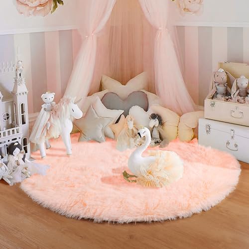 Fluffy Pink Round Rug for Girls Room