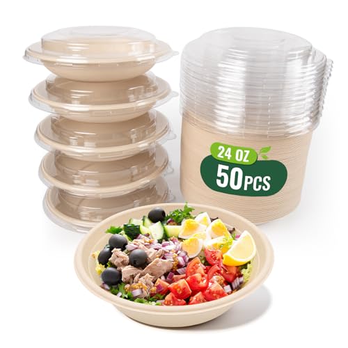 50 Pack 24oz Compostable Disposable Bowls with Lids