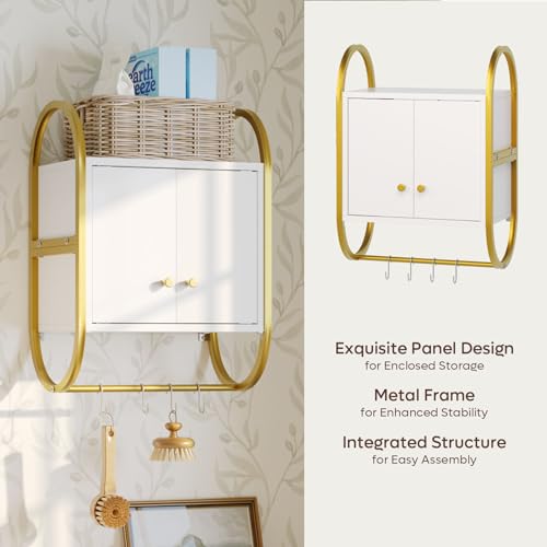 Bestier Floating Shelves for Wall, Kitchen Wall Cabinet with 2 Door and Towel Rack, Wall Shelves for Kitchen, Bedroom, Living Room, Bathroom, Office, Modern White