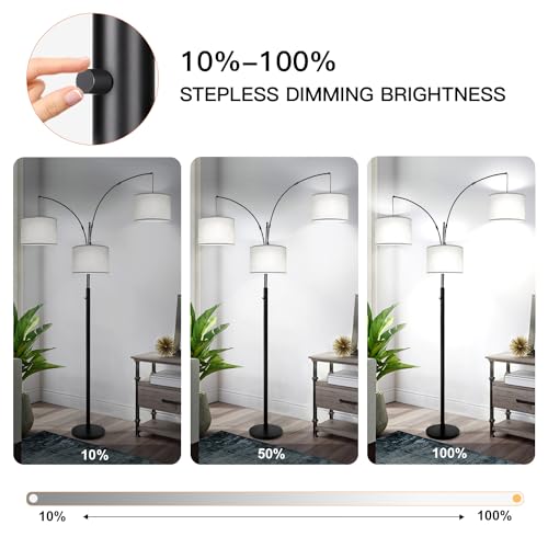 Dimmable Floor Lamp, 3 Lights Arc Floor Lamps for Living Room, Modern Tall Standing Tree Lamp with Gray Linen Shade & Heavy Base, Large Floor Lamp for Bedroom Office, 3x1000 LM LED Bulbs Included