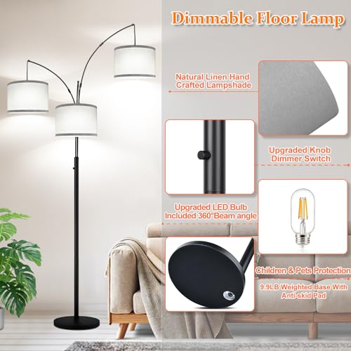 Dimmable Floor Lamp, 3 Lights Arc Floor Lamps for Living Room, Modern Tall Standing Tree Lamp with Gray Linen Shade & Heavy Base, Large Floor Lamp for Bedroom Office, 3x1000 LM LED Bulbs Included