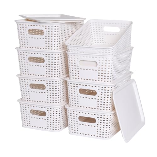 8 Pack Stackable Plastic Storage Baskets with Lids
