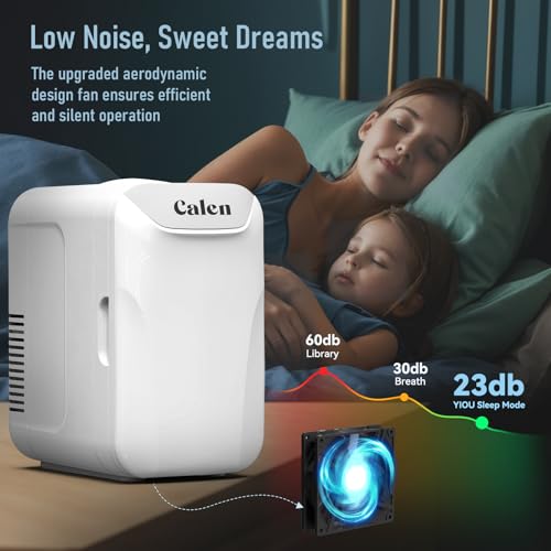 CALEN Mini Fridge with 2 Bottles, 6L/8 Cans Mini Fridge for Bedroom, Skincare Fridge 110V AC/12V DC Small Refrigerator for Food, Beverages, Cosmetics, Portable Mini Refrigerator for Office, Dorm, Car