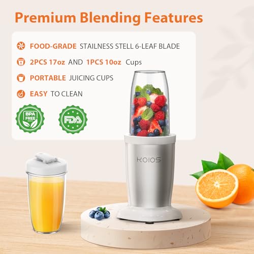 KOIOS PRO 900W Personal Blender for Shakes and Smoothies, 11 Pcs Countertop Blenders with 6-edge Blade for Kitchen Baby Food, Grinder for Beans, Nuts, Spice Protein Mixer, 2x17oz + 10oz Cups, BPA Free