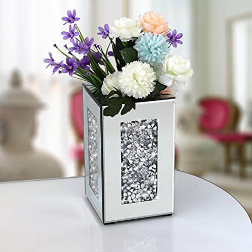 Crushed Diamond Mirrored Vase 6x6x10 inch Crystal Silver Glass Stunning Decorative Vase Flower Luxury for Home Decor. Can’t Hold Water.