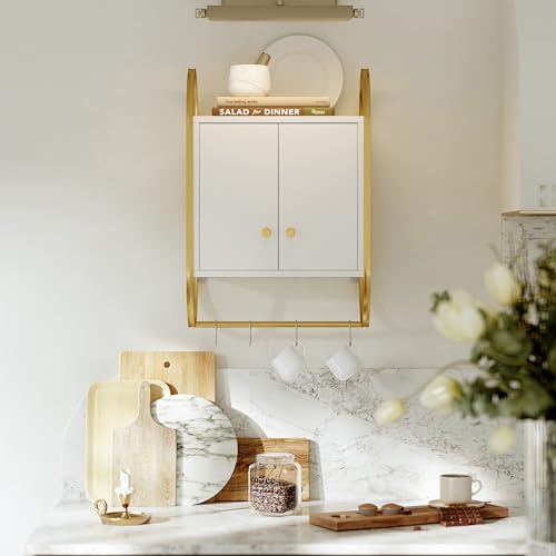 Bestier Floating Shelves for Wall, Kitchen Wall Cabinet with 2 Door and Towel Rack, Wall Shelves for Kitchen, Bedroom, Living Room, Bathroom, Office, Modern White