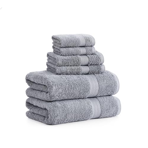 LANE LINEN Grey Bath Towels for Bathroom Set - 100% Cotton 6 Pc Towels Set, Absorbent Bathroom Towel Set, 2 Bath Towels, 2 Hand Towels, 2 Wash Cloths for Your Body and face - Grey Bath Towels Set