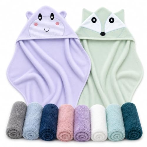 2 Pack Bamboo Hooded Baby Towels with Washcloths
